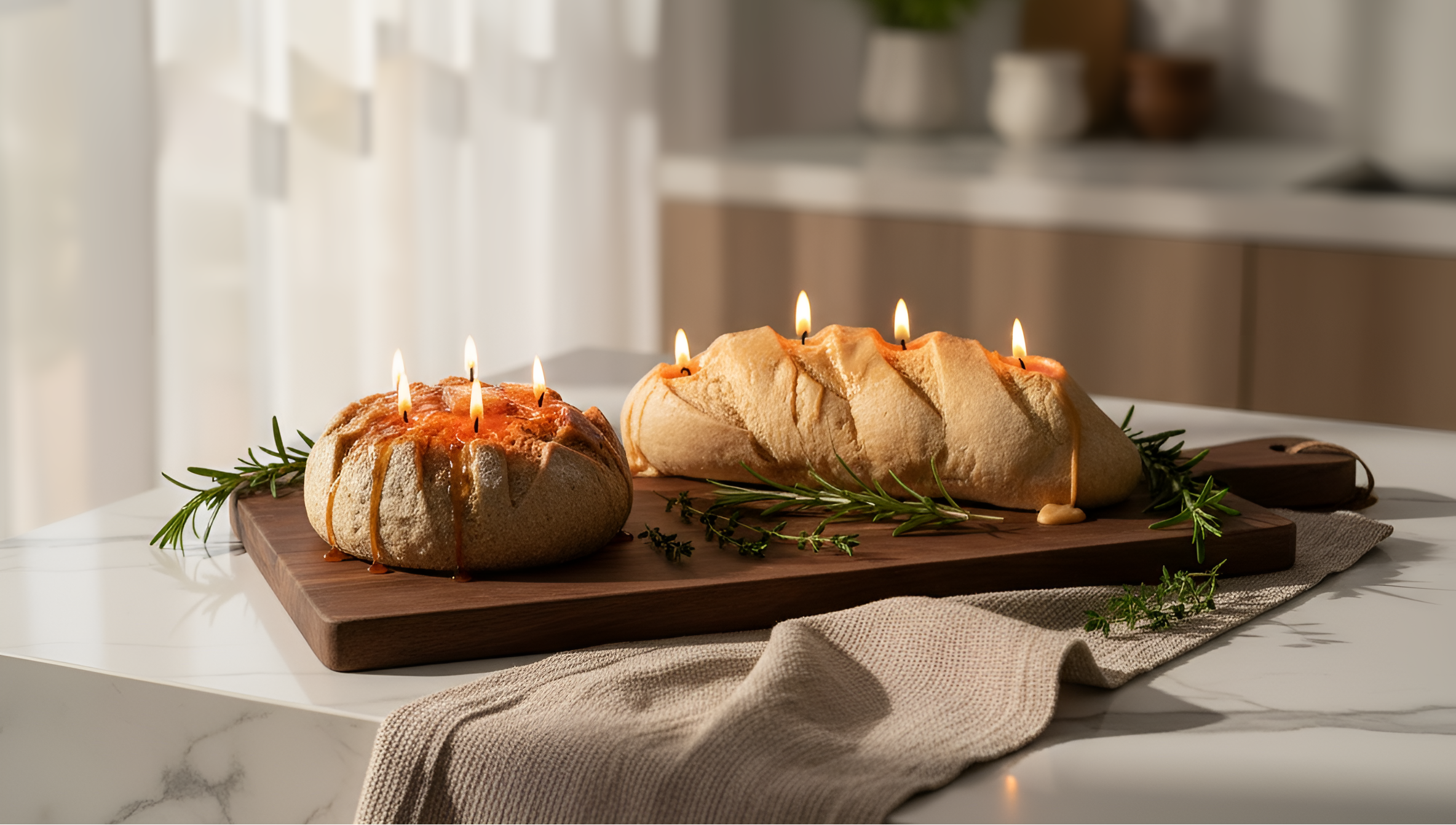 Candles Bread bowls shaped on a wooden board in a kitchen setting